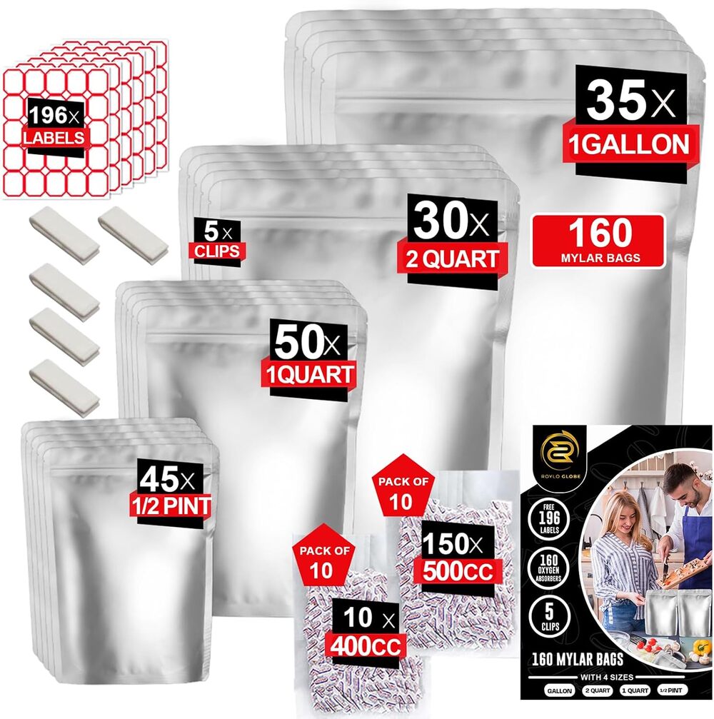 160 Mylar Bags, 160 Oxygen Absorbers-196 Labels, 4 Sizes Smell Proof, Resealable